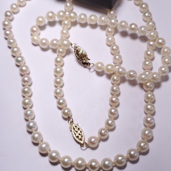 Estate 5.1mm Natural Cultured Pearl 18" &6.75" knotted 14Kt Yellow Gold Set23113 - Picture 5 of 5
